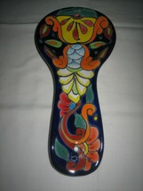 Authentic Mexican Large Navy Multi-Color Painted Ceramic Spoon Rest Holder - $30.58