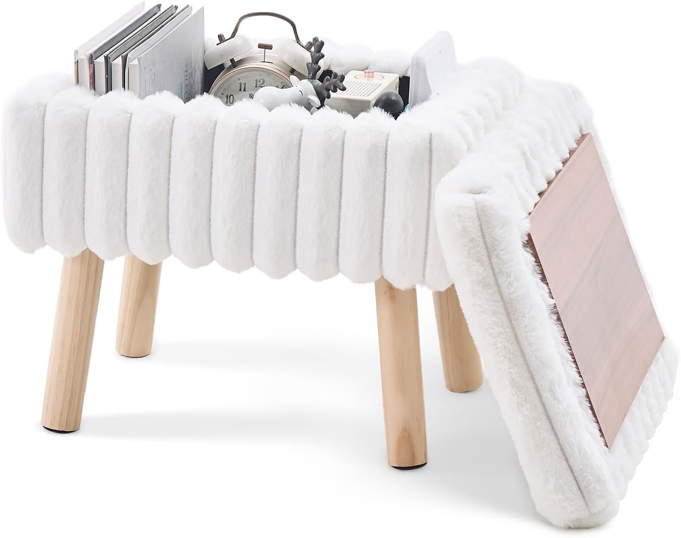 Wimarsbon Storage Ottoman, Soft Faux Fur Footstool With, Cream, Rectangular - $59.96