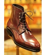 Handmade Men’s Brown Cowhide Leather Ankle High Cap Toe Lace Up Balmoral... - £117.31 GBP+