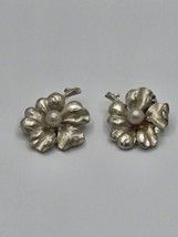 Vintage Flower Clip On Earrings Faux Pearls Silver Tone - $7.49