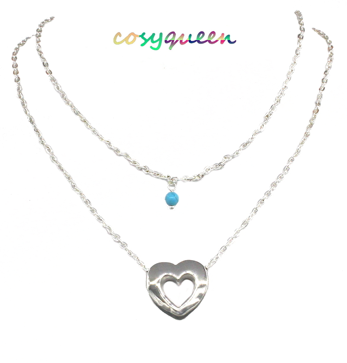 Fabulous new turquoise blue gemstone silver love heart pendant chain necklace - $9,999.00