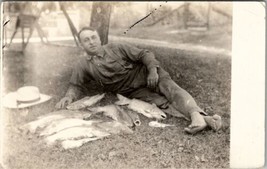 RPPC Barefoot Man Posing on Lawn with His Catch of Fish c1920s Postcard W4 - £28.82 GBP