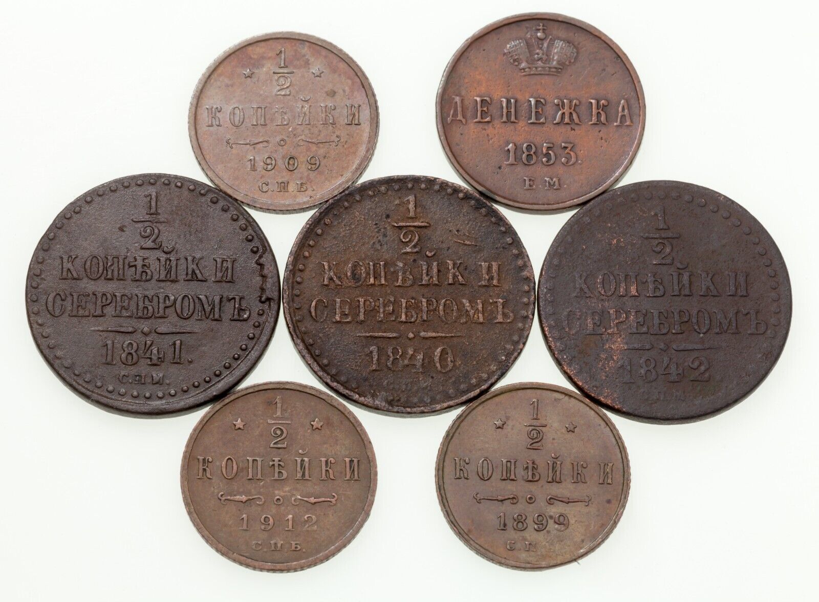 1840-1912 Russie Denga, 1/2 Kopek Pièce de Monnaie plein De 7 Pièces C 1... - $124.90