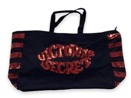 Victoria’s Secret Black Cotton Res Sequin Kiss Lips Large Zip Tote Shopp... - £10.73 GBP