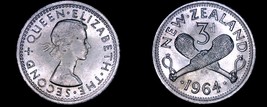 1964 New Zealand 3 Pence World Coin - Elizabeth II - $5.75