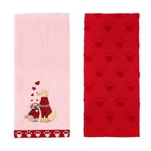 NEW Heart Paws Love Dogs Bath Hand Towels set of 2 red &amp; pink 16 x 25 in... - $9.95