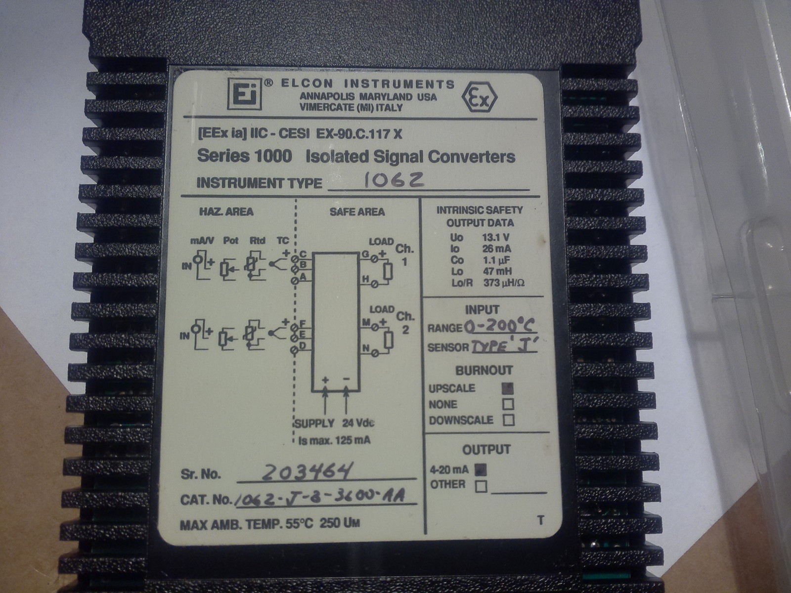 ELCON 1062-J-2-3600-AA ISOLATION SIGNAL CONVERTER / 0-200C TYPE &quot;J&quot; / 4-... - $58.59