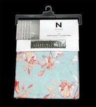 13-Pc NATORI Aqua Coral Shabby Floral Fabric Shower Curtain &amp; 12 Silver Hooks - £26.36 GBP