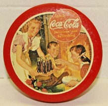 Vintage 1992 Coca-Cola Red Round Small Lidded Fireplace Tin Container 5 1/2&quot; - £7.91 GBP