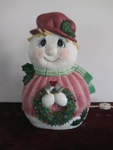Vintage Snowman Lady Holding Wreath Lighted Ceramic Snowman 12.5 inches - £56.02 GBP