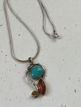 925 Marked Silver Tubular Snake Chain w Oval Turquoise &amp; Amber Stone Pendant Nec - £30.49 GBP