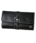 Tommy Hilfiger Black Leather Large Check Book WALLET Retro Trifold  - £11.46 GBP