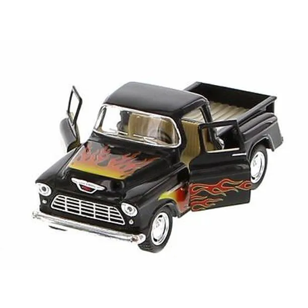 New Diecast 1955 Chevrolet Stepside Pickup W/ Flames 1:32 Diecast Toy Truck Blac - $17.96