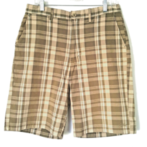 E2EK1EL Bermuda Shorts Men&#39;s 34 in Waist Beige Olive Plaid Flat Front Pockets - £11.65 GBP