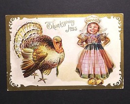 Thanksgiving Joys Turkey Girl in Bonnet Gold Embossed 1909 Antique Postcard - $7.99