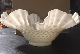 Vintage Fenton Large White Double Ruffle Hobnail Bowl 50s 60s Milk Glass - £31.97 GBP