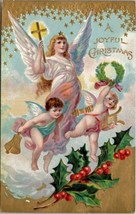 Joyful Christmas Beautiful Angel and Cherubs in Clouds Wreath Bells Postcard X20 - $9.95