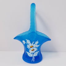 Westmoreland Blue Satin Hand Painted Daisies 6.75&quot; Glass Basket - $30.60