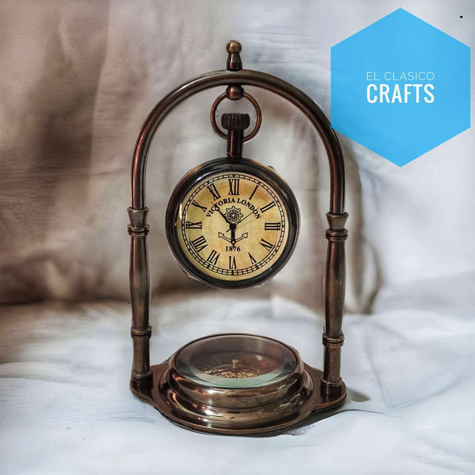 Primary image for Vintage Maritime Brass Antique Desk Clock With Compass Home Decor Nautical Watch
