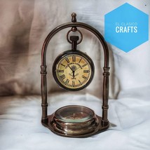 Vintage Maritime Brass Antique Desk Clock With Compass Home Decor Nautic... - $37.09