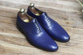 Handmade Leather Blue Ostrich Texture Lace up Hand Stitch Shoes, Men Formal Dres - £122.27 GBP