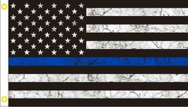POLICE MEMORIAL DISTRESSED FLAG BLUE LINE 100D PREMIUM US 3x5 USA Flag A... - £14.85 GBP