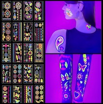 20 Sheets Neon Temporary Tattoos for Adults and Kids with Ultraviolet Gl... - £22.84 GBP