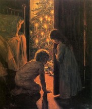 Hand  Painting Henry Mosler Christmas Morning happy children with christmas tree - £51.74 GBP