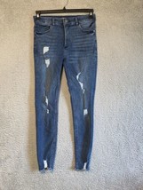 EXPRESS Womens 6 Blue Medium Wash Distressed Raw Hem Mid Rise Skinny Jeans - $21.78