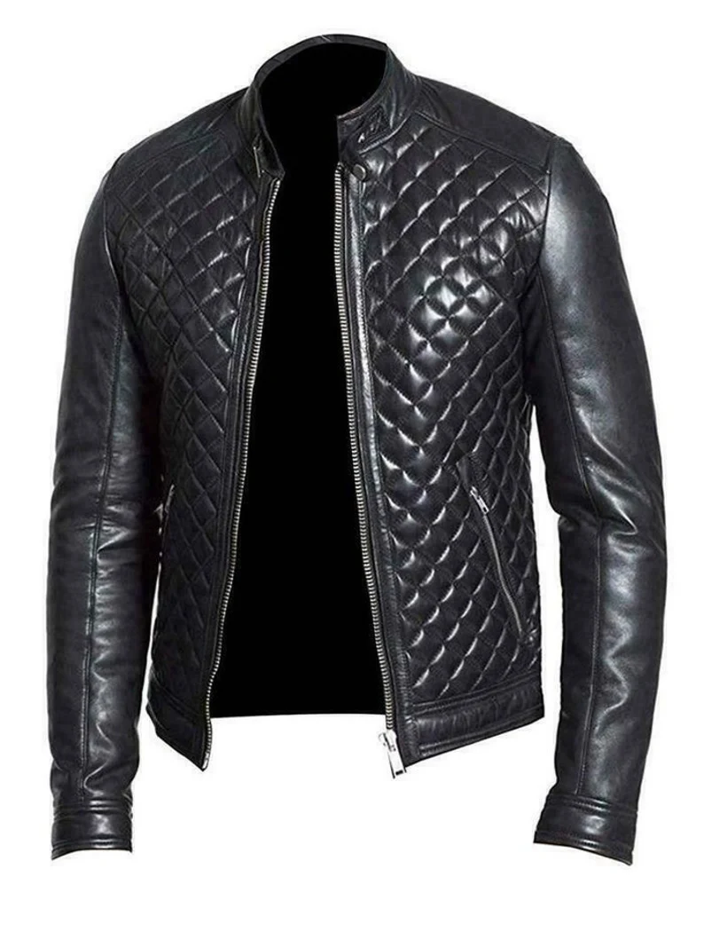 New Men Lambskin Motorcycle Racing Jacket Diamond Quilted Leather Jacket  - $173.55