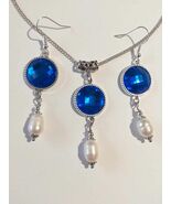 Pearl Cobalt blue Victorian Silver jewelry set Blue set necklace earring... - $73.24 CAD