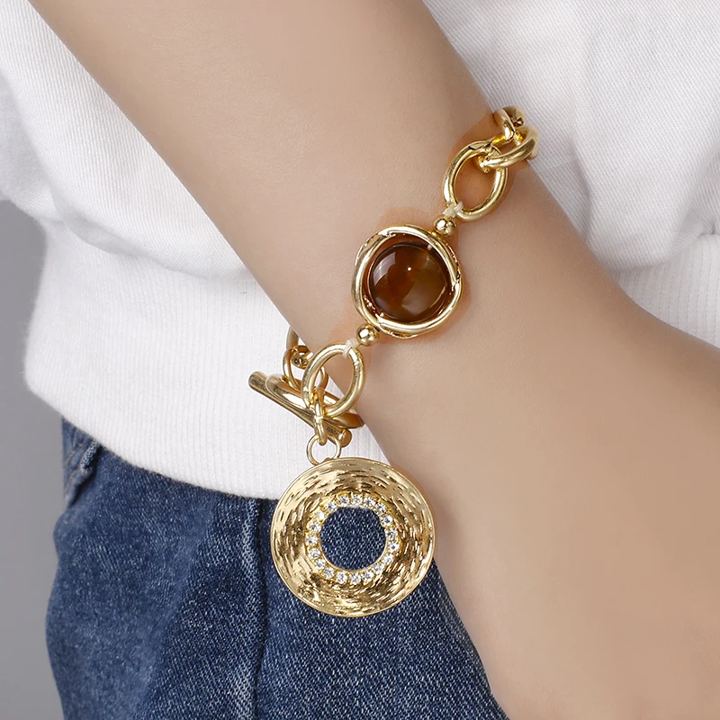Vintage Natural Stone Metal Chain Bracelets For Women Big Round Alloy Thick Chai - £16.58 GBP