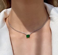 Pretty 7.89 CT Simulated Emerald Gold Plated 925 Silver Tiny Tennis Necklace - £207.49 GBP