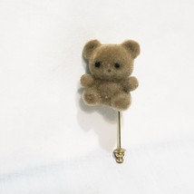 Brown Fuzzy Teddy Bear Stick Pin Gold Tone Vintage 2&quot; - £13.41 GBP