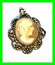 Antique Cameo Sterling Silver Pendant Vintage Carved Shell Lady Portrait - £40.15 GBP