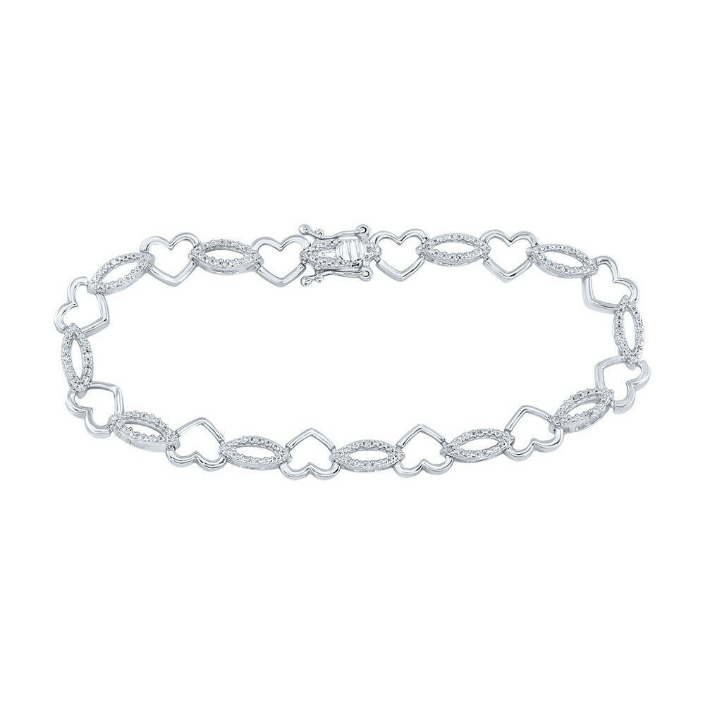 Sterling Silver Womens Round Diamond Heart Outline Link Bracelet 1/6 Cttw - £147.94 GBP