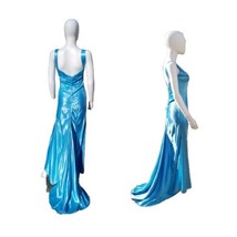 Vtg 90s Zum Zum Niki Livas Blue Satin Bias Cocktail Gown Ruched Back prom dress - £78.34 GBP