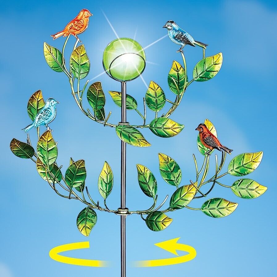 Solar Kinetic Wind Spinner 2 Tier Song Bird Leaves Stake Garden Yard Home Decor - $24.03