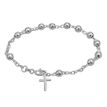 Women Sterling Silver 5mm Bead Plain Cross Charm Rosary Bracelet - £19.77 GBP