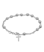 Women Sterling Silver 5mm Bead Plain Cross Charm Rosary Bracelet - £19.34 GBP