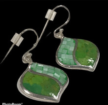 Sterling Silver leaf shaped green mosaic earrings - £59.94 GBP