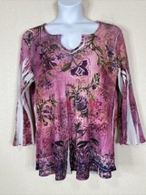 Only Nine Womens Plus Size 2X Purple Floral Rib Knit V-neck Top Long Sleeve - £11.87 GBP