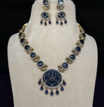 Bollywood Style Gold Plated Indian CZ Necklace Blue Pendent Bridal Jewelry Set - £97.67 GBP