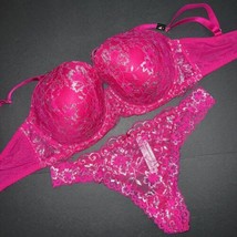 Victoria&#39;s Secret 32DDD,34DD Bra Set M Thong Hot Pink Silver Foil Lace - £63.14 GBP