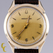 Vintage Men&#39;s Bulova Accutron Champagne Round Dial Brown Leather Band 34mm - £408.99 GBP