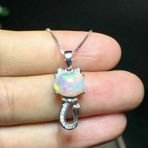 3Ct Oval Cut Simulated Fire Opal Kitty Shape Pendant 14K White Gold Plated 18&quot; - £45.74 GBP
