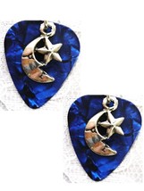 Musical Deep Blue Guitar Pick Earrings New Moon Crescent &amp; Star Charms Dangling - £6.38 GBP