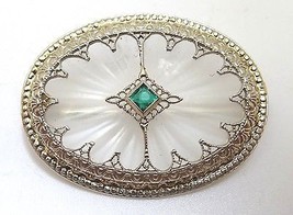 14K White Gold Art Deco Crystal Quartz Brooch with Lab-Created Emerald (#J110) - £435.16 GBP