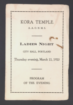 Kora Temple A.A.O.N.M.S. Ladies Night Program 1920 City Hall Portland Maine - £15.92 GBP