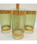 FOUR 1960s 22k Gold &amp; Green Basket Weave High Ball Glasses by Continenta... - £43.18 GBP
